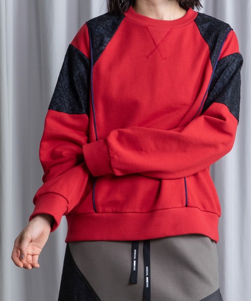 MARECHAL TERRE(マルシャルテル)の「レース切替えスウェットトップス(Tシャツ/カットソー・レディース・レッド/ホワイト/ブラック/グレー・MEDIUM)」の1枚目の写真