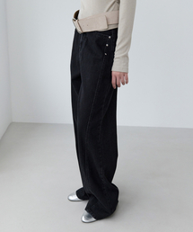 CURVED RIVET WIDE DENIM PANTS BLACK