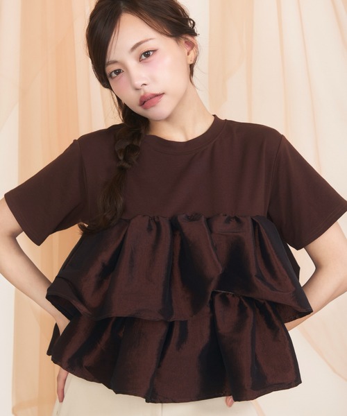 krahe(クレーエ)の「天竺ナイロンドッキングティアードフリルTシャツ(Tシャツ/カットソー・レディース・ブラック/オフホワイト/ブラウン・FREE)」の1枚目の写真