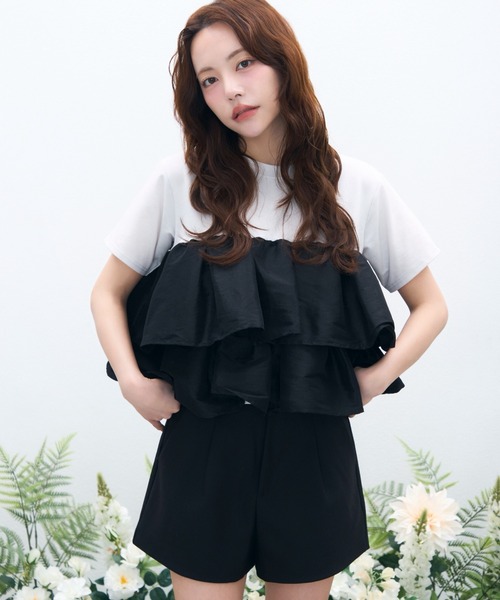 krahe(クレーエ)の「天竺ナイロンドッキングティアードフリルTシャツ(Tシャツ/カットソー・レディース・ブラック/オフホワイト/ブラウン・FREE)」の8枚目の写真