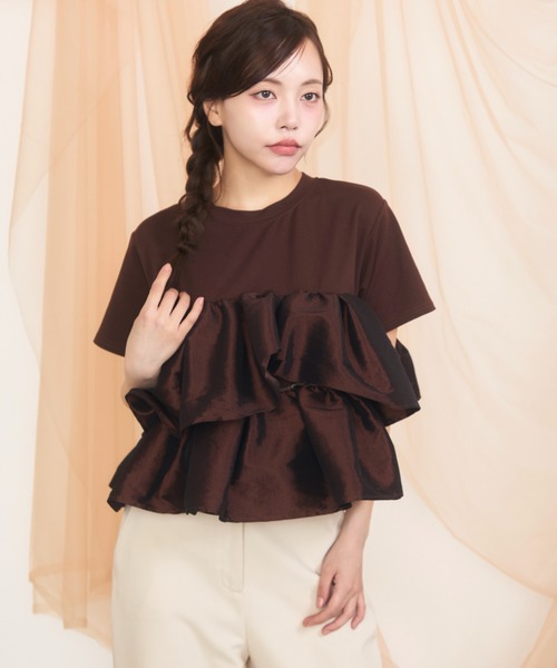krahe(クレーエ)の「天竺ナイロンドッキングティアードフリルTシャツ(Tシャツ/カットソー・レディース・ブラック/オフホワイト/ブラウン・FREE)」の12枚目の写真