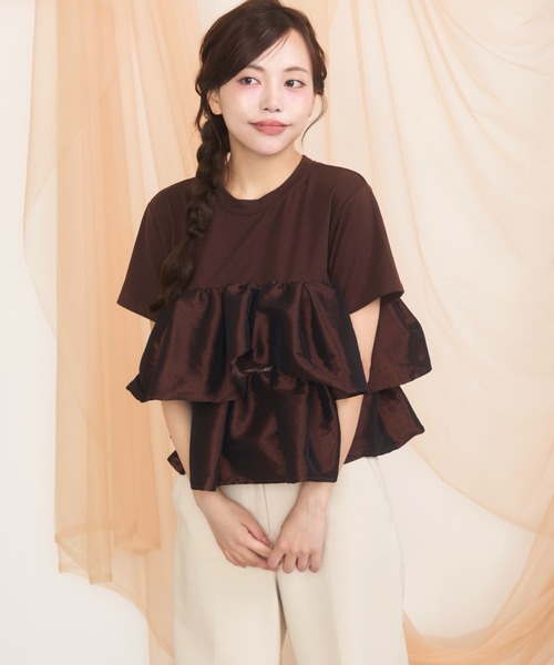 krahe(クレーエ)の「天竺ナイロンドッキングティアードフリルTシャツ(Tシャツ/カットソー・レディース・ブラック/オフホワイト/ブラウン・FREE)」の11枚目の写真