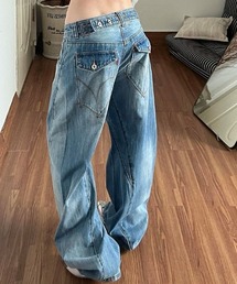 ヴィンテージウォッシュ ワイドデニムパンツ/ルーズシルエット ストリートジーンズ