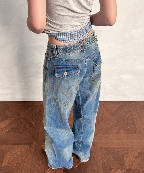 Lis ardent(リスアルダン)の「ヴィンテージウォッシュ ワイドデニムパンツ/ルーズシルエット ストリートジーンズ(デニムパンツ・レディース・ブルー・L/M/S)」の6枚目の写真