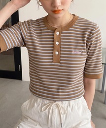Healthknit | SALE 一枚でサマになる！【Healthknit】ヘルスニット 26SS 細ボーダーワッフルT  ヘンリーネック/ボーダーTシャツ/ワンポイントロゴ 別注 セール(Tシャツ/カットソー)
