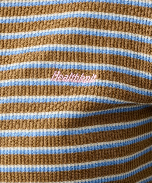 Healthknit（ヘルスニット）の「SALE 一枚でサマになる！【Healthknit】ヘルスニット 26SS 細ボーダーワッフルT  ヘンリーネック/ボーダーTシャツ/ワンポイントロゴ 別注 セール（Tシャツ/カットソー・レディース・アイボリー/ブラウン/ライム・FREE）」の9枚目の写真