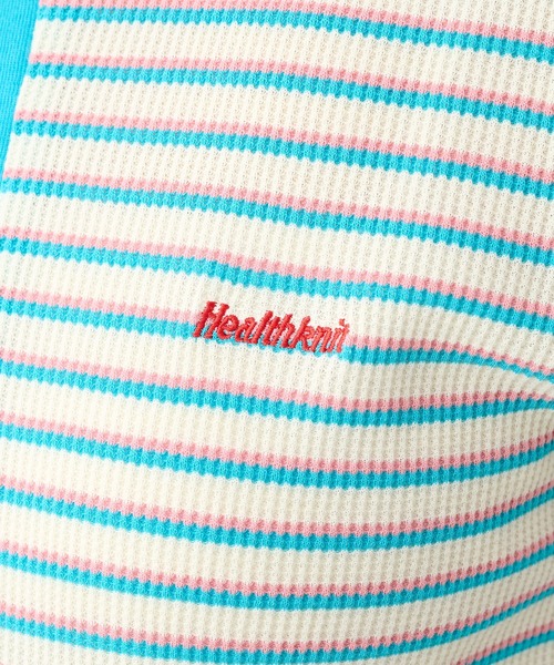 Healthknit（ヘルスニット）の「SALE 一枚でサマになる！【Healthknit】ヘルスニット 26SS 細ボーダーワッフルT  ヘンリーネック/ボーダーTシャツ/ワンポイントロゴ 別注 セール（Tシャツ/カットソー・レディース・アイボリー/ブラウン/ライム・FREE）」の4枚目の写真