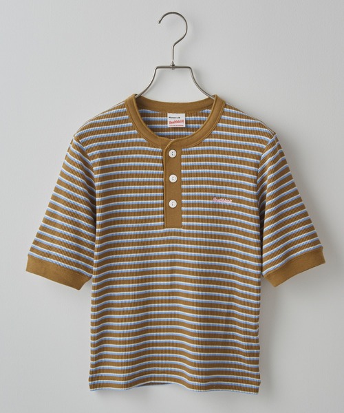 Healthknit（ヘルスニット）の「SALE 一枚でサマになる！【Healthknit】ヘルスニット 26SS 細ボーダーワッフルT  ヘンリーネック/ボーダーTシャツ/ワンポイントロゴ 別注 セール（Tシャツ/カットソー・レディース・アイボリー/ブラウン/ライム・FREE）」の8枚目の写真