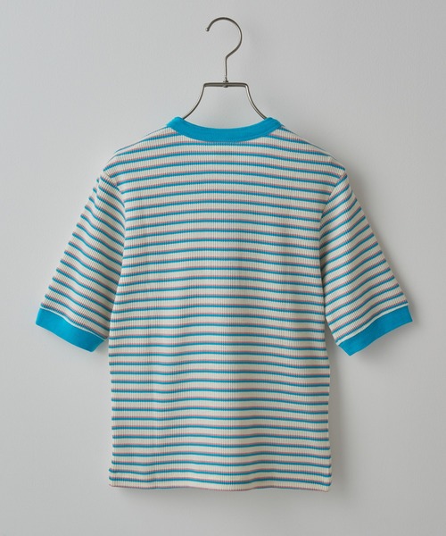 Healthknit（ヘルスニット）の「SALE 一枚でサマになる！【Healthknit】ヘルスニット 26SS 細ボーダーワッフルT  ヘンリーネック/ボーダーTシャツ/ワンポイントロゴ 別注 セール（Tシャツ/カットソー・レディース・アイボリー/ブラウン/ライム・FREE）」の5枚目の写真