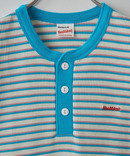Healthknit（ヘルスニット）の「SALE 一枚でサマになる！【Healthknit】ヘルスニット 26SS 細ボーダーワッフルT  ヘンリーネック/ボーダーTシャツ/ワンポイントロゴ 別注 セール（Tシャツ/カットソー・レディース・アイボリー/ブラウン/ライム・FREE）」の6枚目の写真