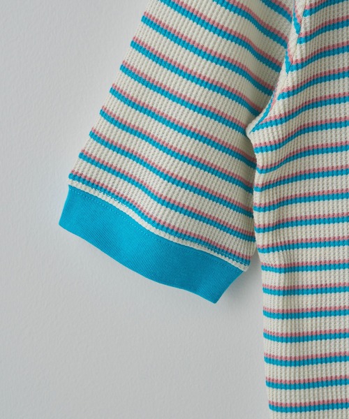 Healthknit（ヘルスニット）の「SALE 一枚でサマになる！【Healthknit】ヘルスニット 26SS 細ボーダーワッフルT  ヘンリーネック/ボーダーTシャツ/ワンポイントロゴ 別注 セール（Tシャツ/カットソー・レディース・アイボリー/ブラウン/ライム・FREE）」の7枚目の写真