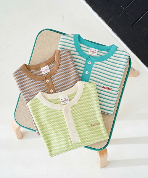 Healthknit（ヘルスニット）の「SALE 一枚でサマになる！【Healthknit】ヘルスニット 26SS 細ボーダーワッフルT  ヘンリーネック/ボーダーTシャツ/ワンポイントロゴ 別注 セール（Tシャツ/カットソー・レディース・アイボリー/ブラウン/ライム・FREE）」の15枚目の写真
