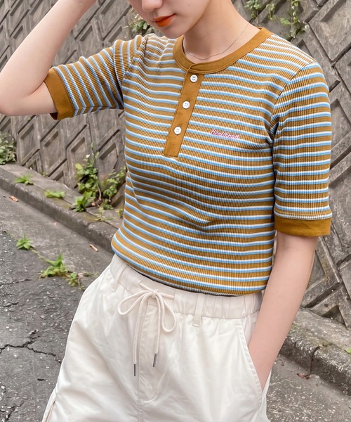 Healthknit（ヘルスニット）の「SALE 一枚でサマになる！【Healthknit】ヘルスニット 26SS 細ボーダーワッフルT  ヘンリーネック/ボーダーTシャツ/ワンポイントロゴ 別注 セール（Tシャツ/カットソー・レディース・アイボリー/ブラウン/ライム・FREE）」の18枚目の写真