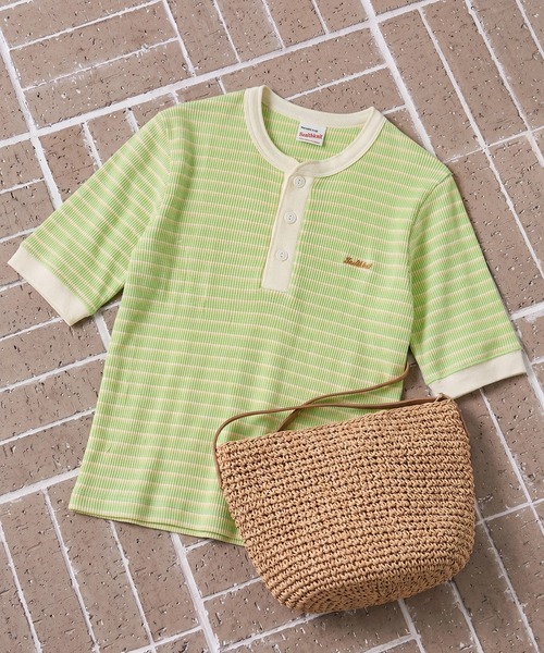 Healthknit（ヘルスニット）の「SALE 一枚でサマになる！【Healthknit】ヘルスニット 26SS 細ボーダーワッフルT  ヘンリーネック/ボーダーTシャツ/ワンポイントロゴ 別注 セール（Tシャツ/カットソー・レディース・アイボリー/ブラウン/ライム・FREE）」の12枚目の写真