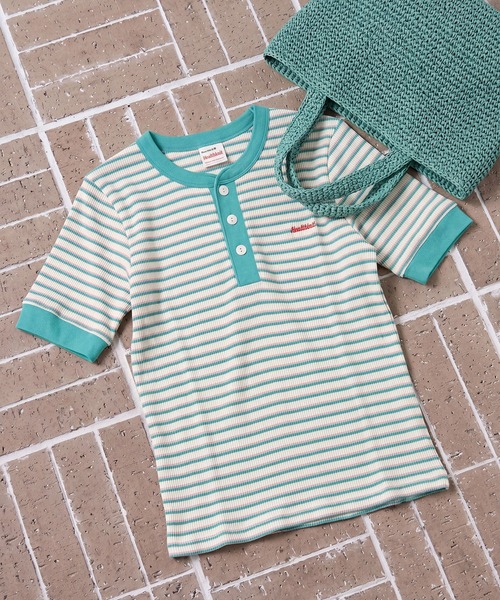 Healthknit（ヘルスニット）の「SALE 一枚でサマになる！【Healthknit】ヘルスニット 26SS 細ボーダーワッフルT  ヘンリーネック/ボーダーTシャツ/ワンポイントロゴ 別注 セール（Tシャツ/カットソー・レディース・アイボリー/ブラウン/ライム・FREE）」の11枚目の写真