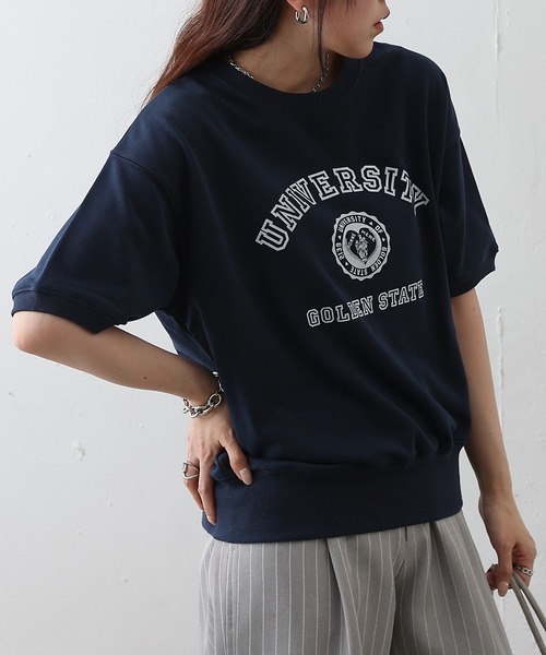 COLONY 2139(コロニートゥーワンスリーナイン)の「ミニ裏毛半袖カレッジプリントプルオーバー(Tシャツ/カットソー・レディース・ライトグレー/グレー/ネイビー・FREE)」の4枚目の写真