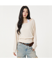 [SET]レイヤードストライプホルタートップロングスリーブTシャツベージュ