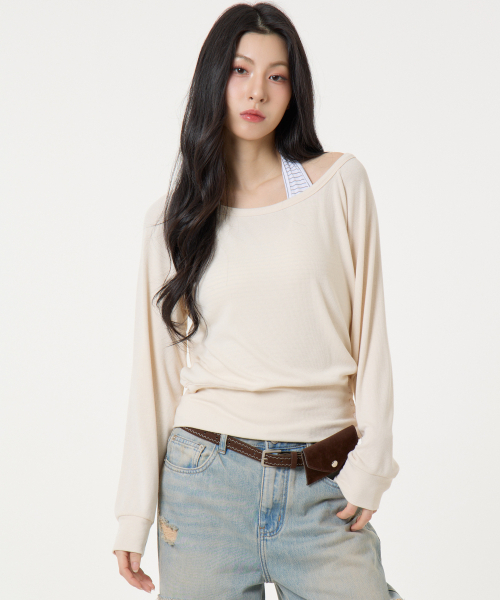 UNKNOWN PLANET（アンノウンプラネット）の「[SET]レイヤードストライプホルタートップロングスリーブTシャツベージュ（ニット/セーター・レディース・その他・FREE）」の2枚目の写真