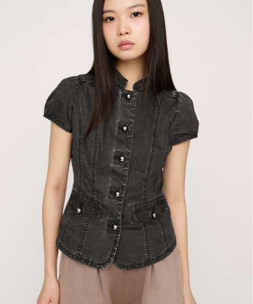 SLY(スライ)の「WASHED FRENCH S/L MILITARY SH ウォッシュドフレンチスリーブミリタリーシャツ 春服(シャツ/ブラウス・レディース・ライトブラック/カーキ・FREE)」の1枚目の写真