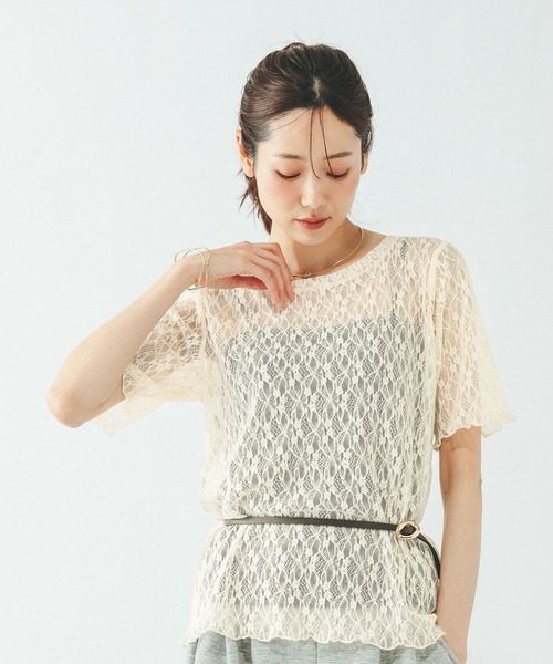 GLOBAL WORK(グローバルワーク)の「ストレッチ総レースプルオーバー半袖/647594(Tシャツ/カットソー・レディース・サックスブルー/ブラック/ホワイト/ホワイト系7/ホワイト系その他・MEDIUM/LARGE)」の3枚目の写真