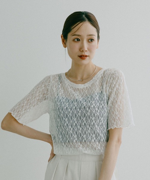 GLOBAL WORK(グローバルワーク)の「ストレッチ総レースプルオーバー半袖/647594(Tシャツ/カットソー・レディース・サックスブルー/ブラック/ホワイト・MEDIUM/LARGE)」の1枚目の写真