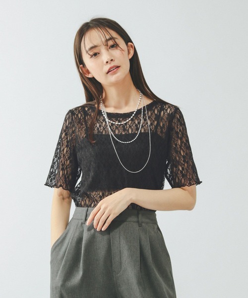 GLOBAL WORK(グローバルワーク)の「ストレッチ総レースプルオーバー半袖/647594(Tシャツ/カットソー・レディース・サックスブルー/ブラック/ホワイト・MEDIUM/LARGE)」の2枚目の写真