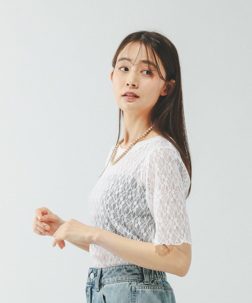 GLOBAL WORK(グローバルワーク)の「ストレッチ総レースプルオーバー半袖/647594(Tシャツ/カットソー・レディース・サックスブルー/ブラック/ホワイト・MEDIUM/LARGE)」の13枚目の写真