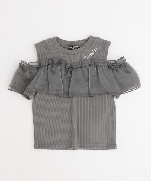 URBAN CHERRY（アーバンチェリー）の「「快適さらリブ素材」カットショルダーシアーフリルリブトップス（Tシャツ/カットソー・キッズ・チャコール/アイボリー/ブラック・140cm/130cm/120cm/110cm/150cm）」の14枚目の写真