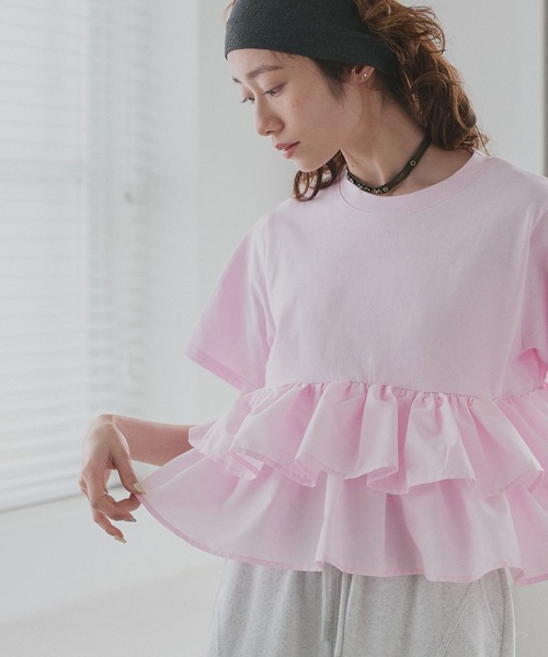 ad thie(アドティエ)の「ティアードフリル ショート丈 Tシャツ(Tシャツ/カットソー・レディース・オフホワイト/ピンク/ベージュ/ブラック/チャコール・FREE)」の5枚目の写真
