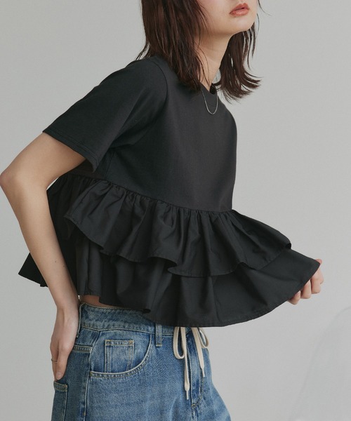 ad thie(アドティエ)の「ティアードフリル ショート丈 Tシャツ(Tシャツ/カットソー・レディース・オフホワイト/ピンク/ベージュ/ブラック/チャコール・FREE)」の3枚目の写真