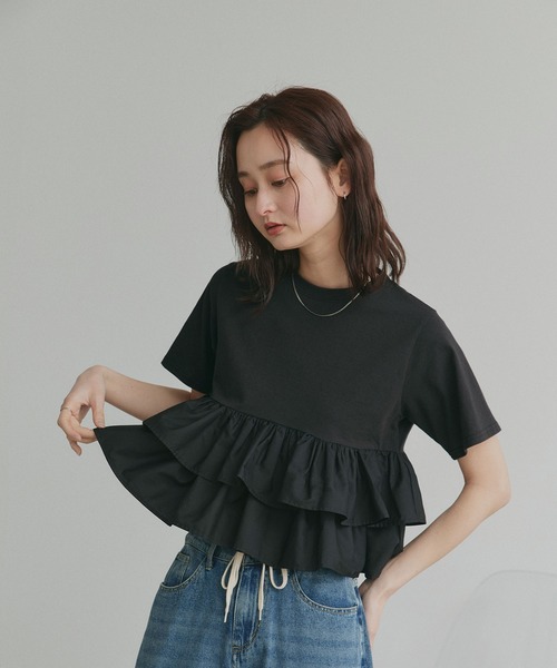 ad thie(アドティエ)の「ティアードフリル ショート丈 Tシャツ(Tシャツ/カットソー・レディース・オフホワイト/ピンク/ベージュ/ブラック/チャコール・FREE)」の8枚目の写真