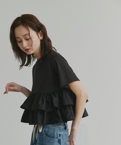 ad thie(アドティエ)の「ティアードフリル ショート丈 Tシャツ(Tシャツ/カットソー・レディース・オフホワイト/ピンク/ベージュ/ブラック/チャコール・FREE)」の10枚目の写真