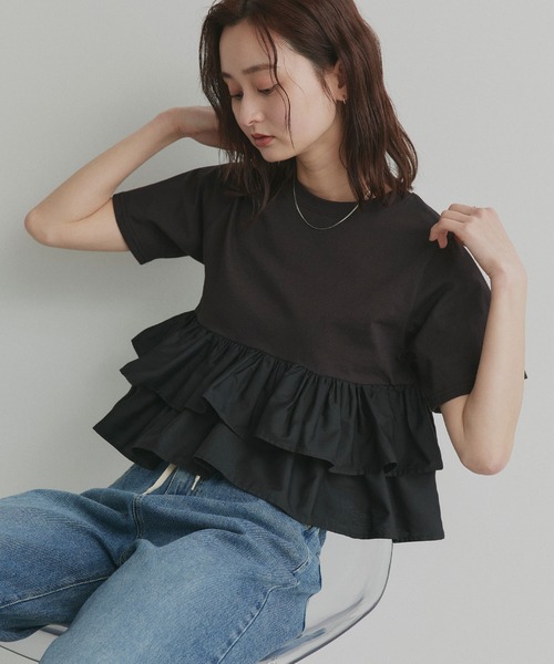 ad thie(アドティエ)の「ティアードフリル ショート丈 Tシャツ(Tシャツ/カットソー・レディース・オフホワイト/ピンク/ベージュ/ブラック/チャコール・FREE)」の12枚目の写真