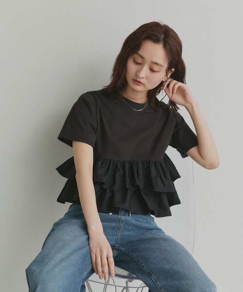 ad thie(アドティエ)の「ティアードフリル ショート丈 Tシャツ(Tシャツ/カットソー・レディース・オフホワイト/ピンク/ベージュ/ブラック/チャコール・FREE)」の13枚目の写真