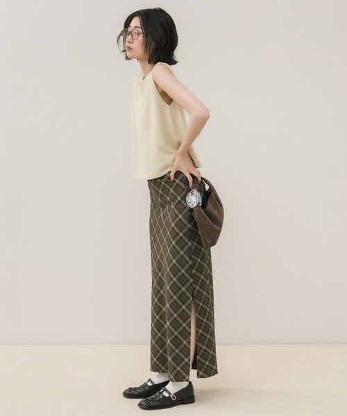 HEILIS(ヘイリス)の「チェックロングスカート / ロングスカート チェックスカート Iラインスカート ナロースカート バイアスチェック スリットスカート ロング丈 ボトムス レディース 韓国ファッション 大人カジュアル カジュアル フレンチカジュアル シンプル 秋服 春服 夏服 デイリー お出かけ(スカート・レディース・ブラウン/ブルー・FREE)」の12枚目の写真