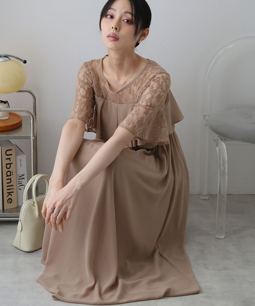 Doula Doula(ドゥーラドゥーラ)の「レース切り替えフレアロングワンピース ドレス(ワンピース・レディース・ブラウン/ダークグレー/ネイビー/モカ・L/M)」の7枚目の写真