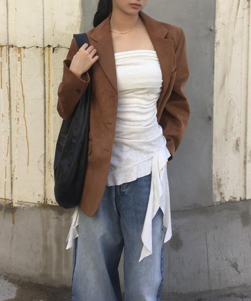 YUGA（ユーガ）の「YUGA_YGMC　　Korean-style  Asymmetrical ruffle strapless dress（キャミソール・レディース・ブラック/ホワイト・FREE）」の16枚目の写真