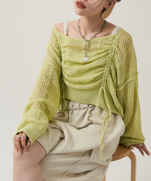 w closet(ダブルクローゼット)の「ライトラメメッシュドロストニット(ニット/セーター・レディース・オフホワイト/グリーン/ピンク/イエロー/グレー・FREE)」の4枚目の写真