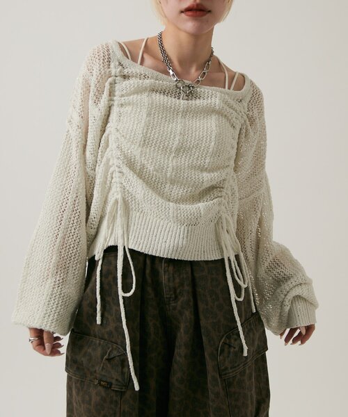 w closet(ダブルクローゼット)の「ライトラメメッシュドロストニット(ニット/セーター・レディース・オフホワイト/グリーン/ピンク/イエロー/グレー・FREE)」の6枚目の写真