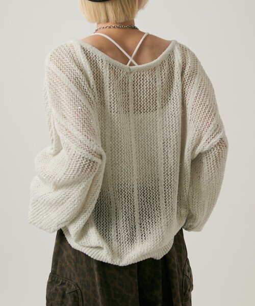 w closet(ダブルクローゼット)の「ライトラメメッシュドロストニット(ニット/セーター・レディース・オフホワイト/グリーン/ピンク/イエロー/グレー・FREE)」の8枚目の写真