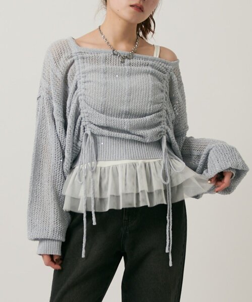 w closet(ダブルクローゼット)の「ライトラメメッシュドロストニット(ニット/セーター・レディース・オフホワイト/グリーン/ピンク/イエロー/グレー・FREE)」の13枚目の写真