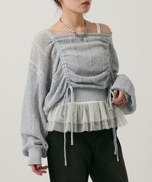 w closet(ダブルクローゼット)の「ライトラメメッシュドロストニット(ニット/セーター・レディース・オフホワイト/グリーン/ピンク/イエロー/グレー・FREE)」の14枚目の写真