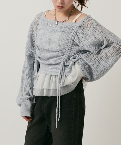 w closet(ダブルクローゼット)の「ライトラメメッシュドロストニット(ニット/セーター・レディース・オフホワイト/グリーン/ピンク/イエロー/グレー・FREE)」の16枚目の写真