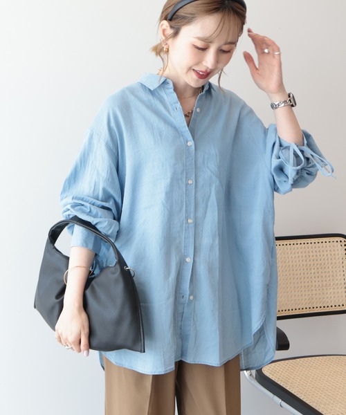 AMERICAN HOLIC（アメリカンホリック）の「シアーデニム加工ギャザーリボンシャツ（シャツ/ブラウス・レディース・ピンク/グレー/インディゴブルー/ライトインディゴブルー・L/M）」の3枚目の写真