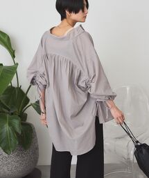 シアーデニム加工ギャザーリボンシャツ