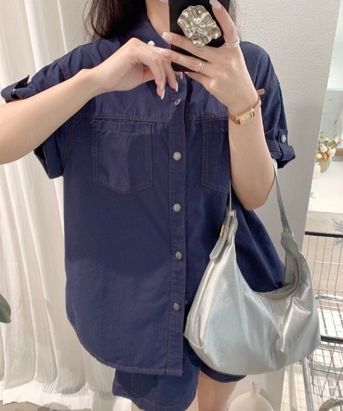 配色ステッチワーク半袖シャツ×ショートパンツ セットアップ