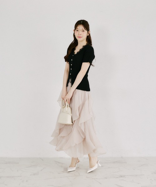 tocco closet(トッコ クローゼット)の「ラッフルフリル切り替えひらりんシアースカート(スカート・レディース・オフホワイト/ピンクベージュ・M)」の3枚目の写真