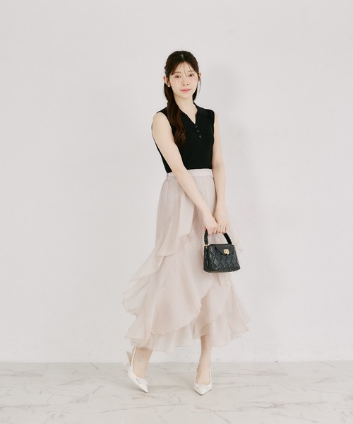 tocco closet(トッコ クローゼット)の「ラッフルフリル切り替えひらりんシアースカート(スカート・レディース・オフホワイト/ピンクベージュ・M)」の5枚目の写真