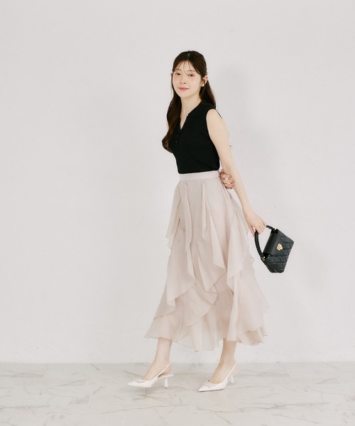 tocco closet(トッコ クローゼット)の「ラッフルフリル切り替えひらりんシアースカート(スカート・レディース・オフホワイト/ピンクベージュ・M)」の6枚目の写真