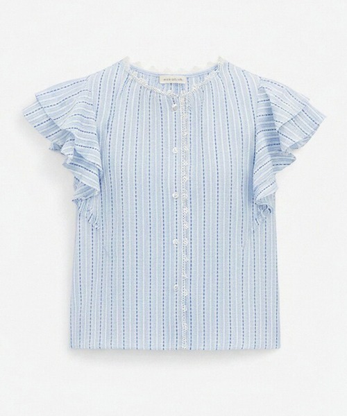 LUCPY(ラクピー)の「フリルスリーブストライプブラウス(シャツ/ブラウス・レディース・ブルー・LARGE/MEDIUM/SMALL/X-LARGE)」の5枚目の写真
